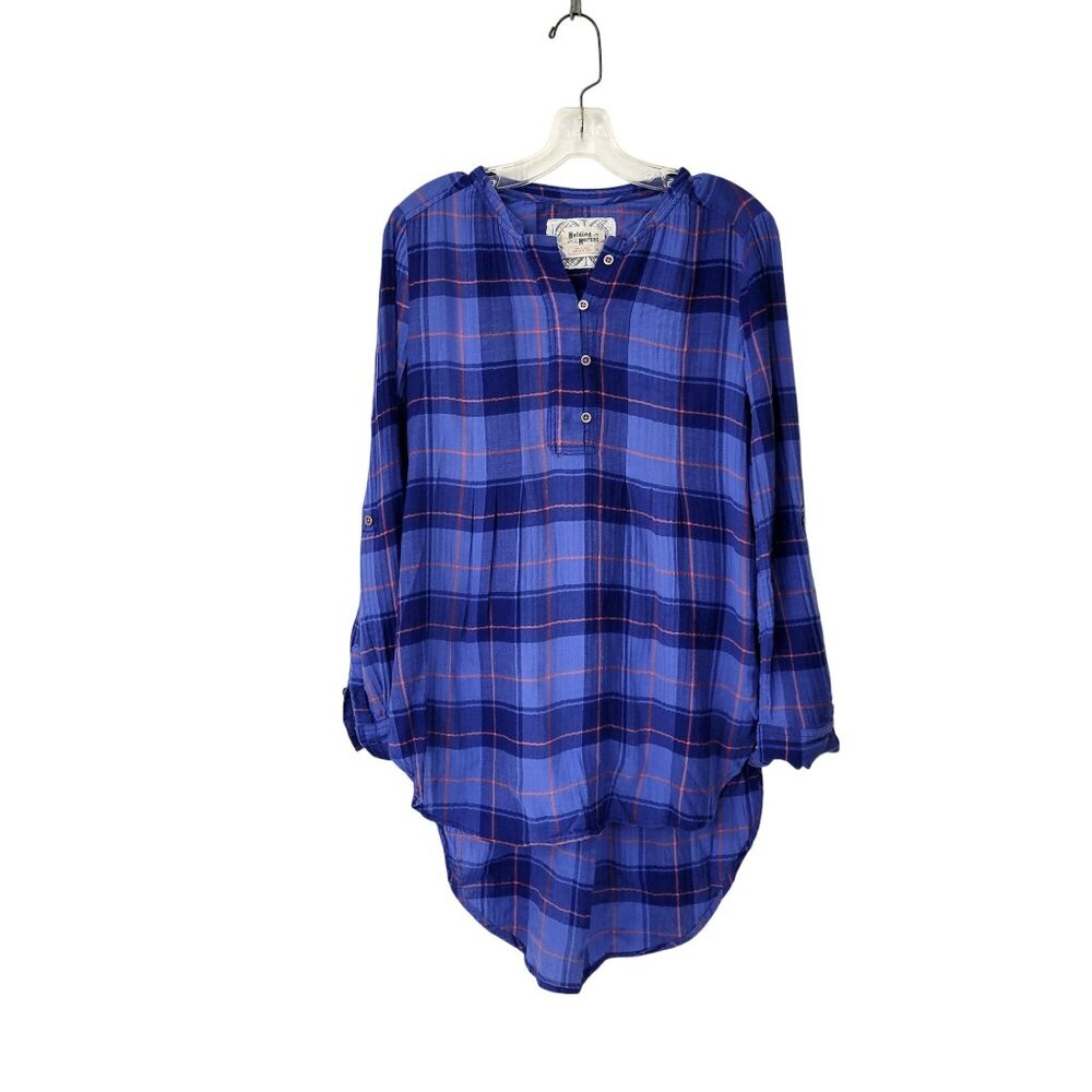 Holding Horses Blue Plaid Long High Low Shirt Tunic - Picture 1 of 4